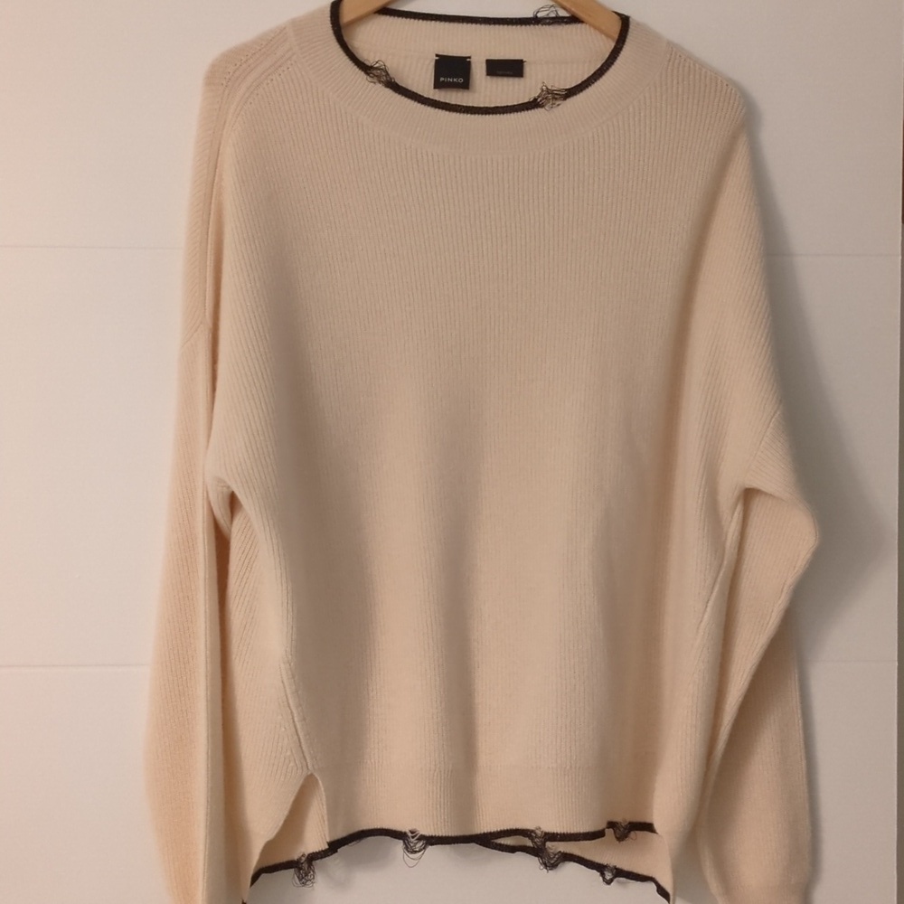 Pinko wool cashmere blend oversized distressed neutral pullover sweater M